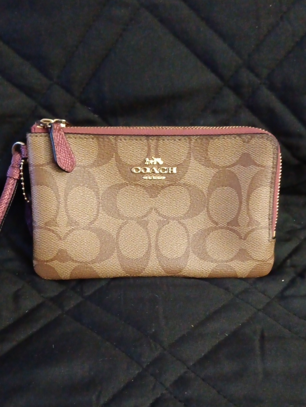 Coach Brown Signature Canvas Wristlet with Pink Trim